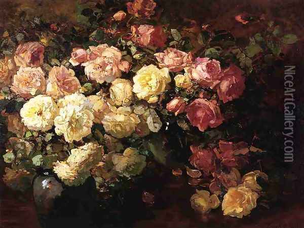 Still Life with White and Pink Roses Oil Painting - Franz Bischoff