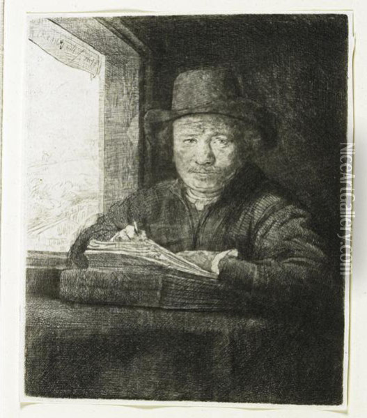 Self Portrait Drawing At The Window Oil Painting - Rembrandt Van Rijn