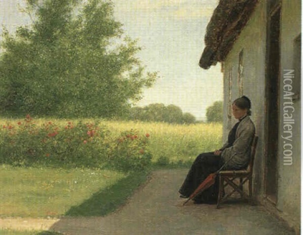 I Skyggen, Ung Kvinde Siddende Pa En Baenk I Skyggen Ognyder Roserne Oil Painting - Anton Laurids Johannes Dorph