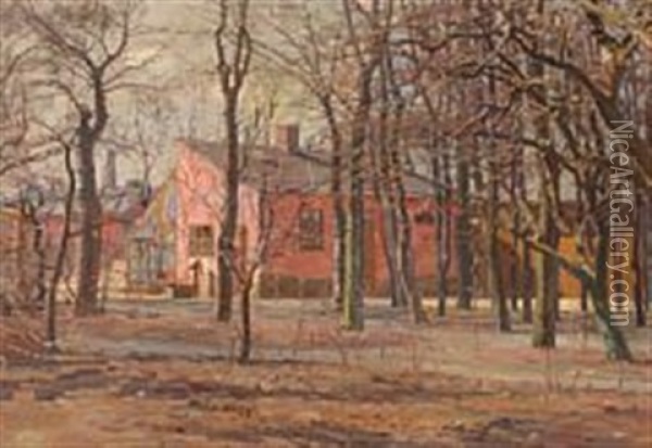 Houses At Laendevangen Oil Painting - Georg Nicolaj Achen