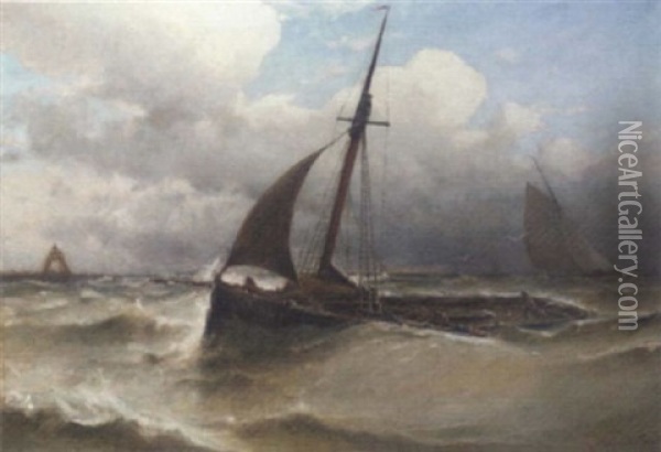 Ostende Fishing Boats Running Into Their Homeport In A Squall Oil Painting - Eugene Jacques Hubert Wolters