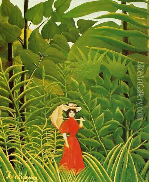 Woman With An Umbrella In An Exotic Forest Oil Painting - Henri Julien Rousseau
