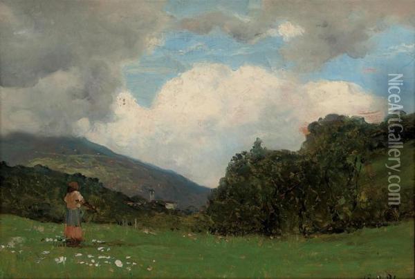 A Shepherdess In A Meadow Oil Painting - Lorenzo Delleani