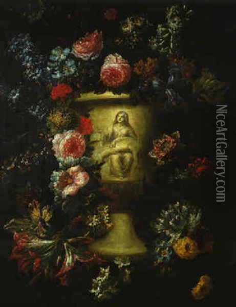 Guirlande De Fleurs Entourant Un Vase Decore D'une Pieta Oil Painting - Jan-Baptiste Bosschaert