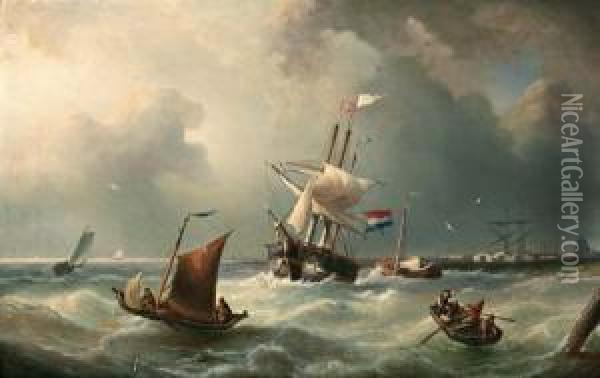 Schepen Op Woelig Water Voor De Kust Oil Painting - Elias Pieter van Bommel