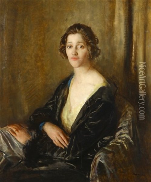 Portrait Of Mrs David Jagger Signed Lower Right Oil Painting - Walter Westley (Sir) Russell