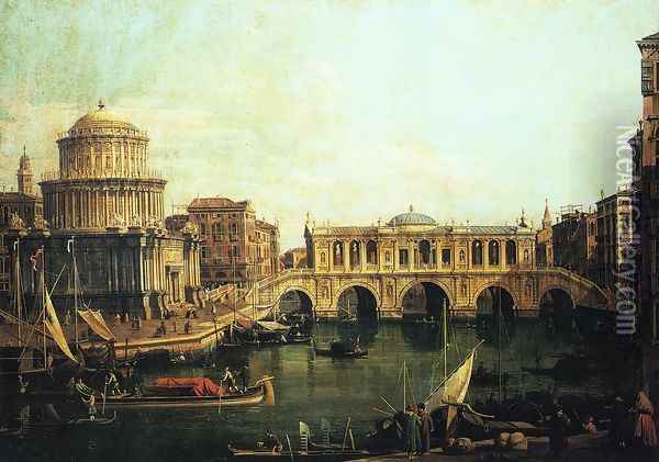 Capriccio of the Grand Canal With an Imaginary Rialto Bridge and Other Buildings Oil Painting - (Giovanni Antonio Canal) Canaletto