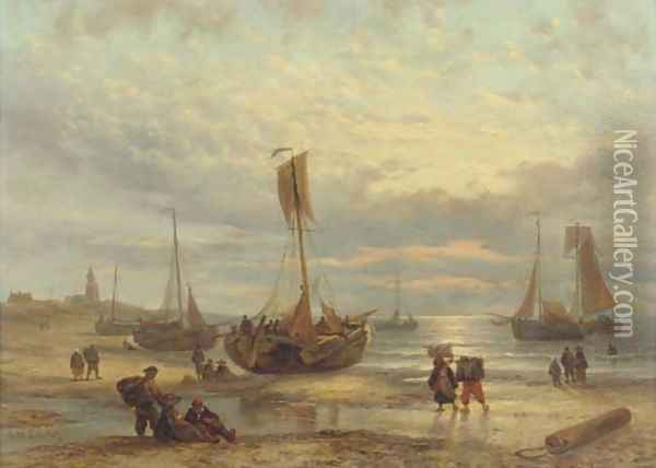 Fishing vessels on the beach at sunset, Scheveningen Oil Painting - George Willem Opdenhoff