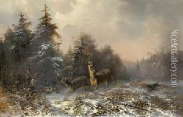 Waldpartie Mit Rehen Und Hund. Oil Painting - Anton Victor Alex. Steinbach