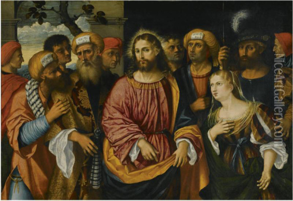 Christ And The Woman Taken In Adultery Oil Painting - Rocco Marconi