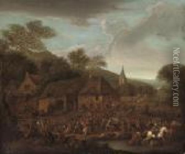 A Wooded Landscape With A Cavalry Skirmish And A Village Under Attack Oil Painting - Karel Van Breydel (Le Chevalier)