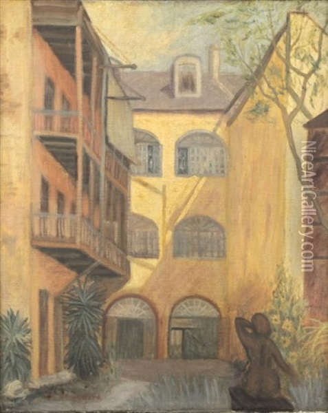 New Orleans Courtyard Oil Painting - Charles Woodward