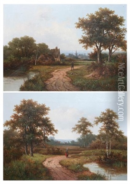 Traveller On A Country Path (+ A Lady On A Pathway By A Stream; Pair) Oil Painting - Hendrik Pieter Koekkoek