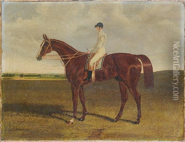 A Bay Racehorse With Jockey Up Oil Painting - John Frederick Herring Snr