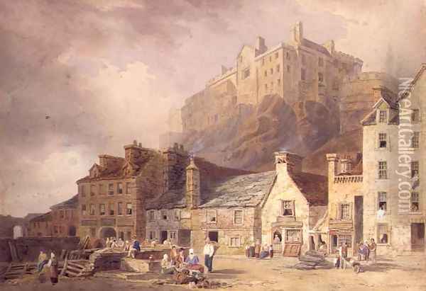 Edinburgh Castle from the Grass Market, showing the Little West Port, c.1820 Oil Painting - William Henry Stothard