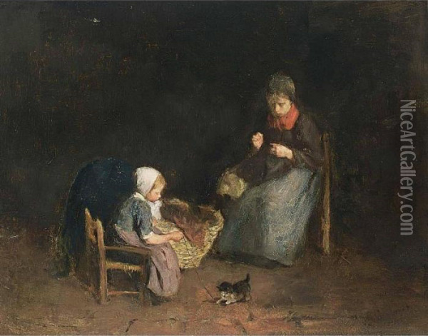 A Mother And Child In An Interior Oil Painting - Albertus Johan Neuhuys