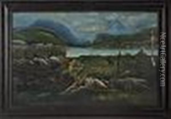 Landscape With Native Americans Standing By A Lake With Mountains In The Distance Oil Painting - William Matthew Prior