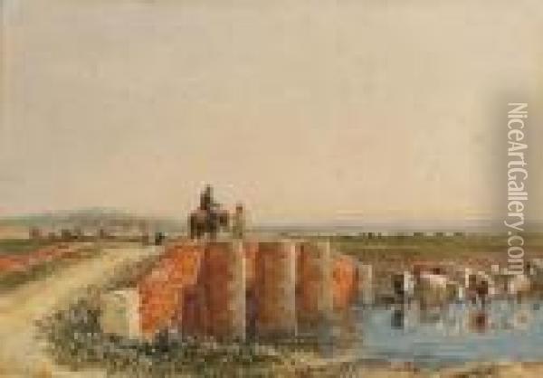 Figures Crossing A Bridge, Cattle Watering Below Oil Painting - David I Cox