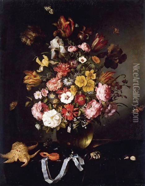 Still Life Of Flowers In A Glass Vase With Butterflies, Seashells And A Pocket Watch Oil Painting - Adriaen Pietersz. Van De Venne