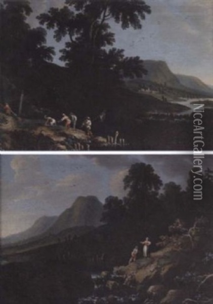 A Rocky River Landscape With Anglers Beside A Waterfall Oil Painting - Rodolfo Fantuzzi