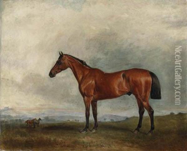 A Bay Hunter In An Extensive Landscape, With Other Huntersbeyond Oil Painting - John Snr Ferneley