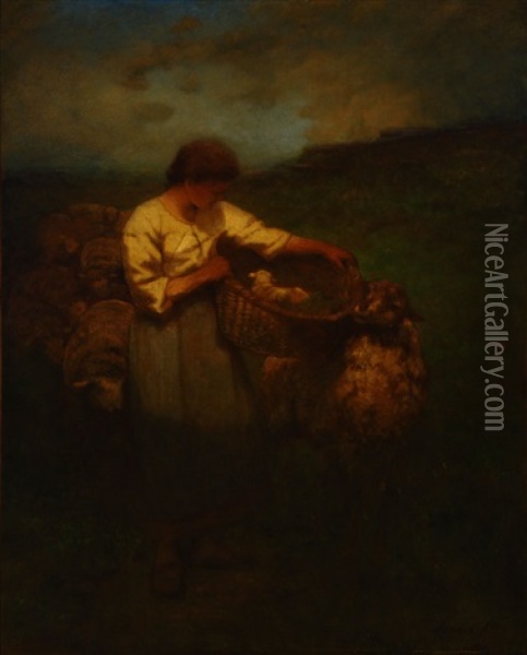 The Newborn, A Shepherdess With Flock Oil Painting - George Inness