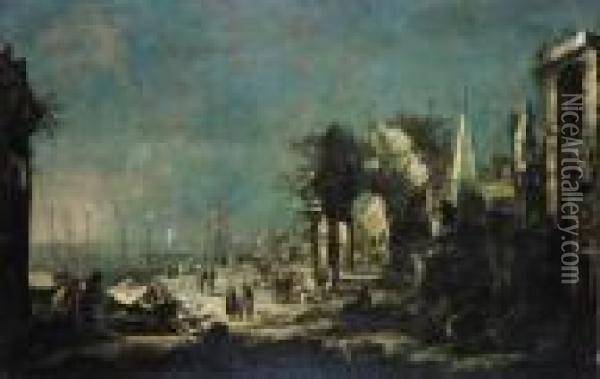 Marina Mediterranea Con Astanti Vari E Un Capriccio Di Rovine Classiche Oil Painting - Johann Eismann