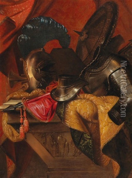 A Still Life With An Elaborately Decorated Helmet Oil Painting - Antonio Tibaldi