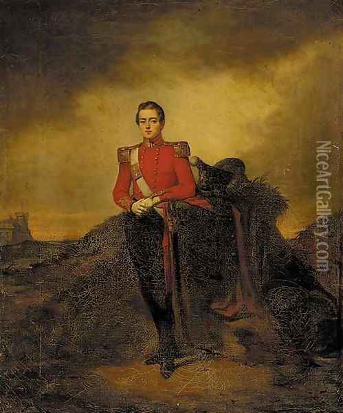 Portrait of an officer, small full-length, in a landscape, a castle beyond Oil Painting - Irish School