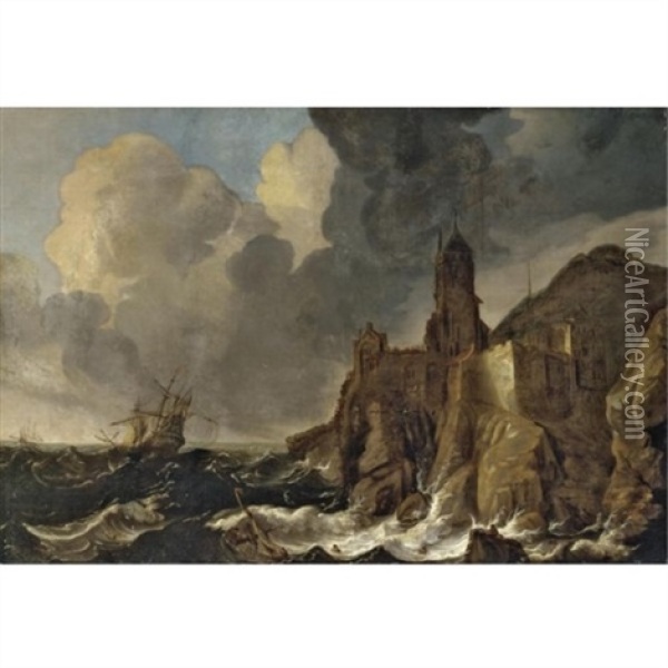 A Stormy Coastal Scene With Ships Being Wrecked Before A Clifftop Town Oil Painting - Pieter Mulier the Younger