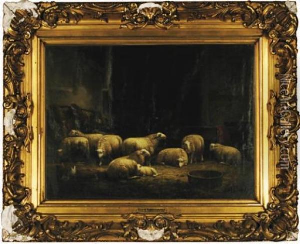 Sheep Resting In A Barn Oil Painting - Eugene Joseph Verboeckhoven