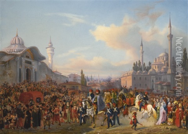 Sultan Mahmud Ii Leaving The Beyazit Mosque, Constantinople Oil Painting - Auguste-Etienne-Francois Mayer