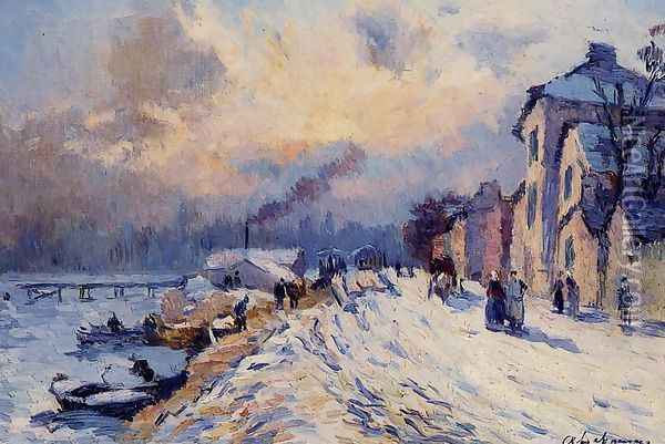 Banks of the Seine, Winter at Herblay Oil Painting - Albert Lebourg