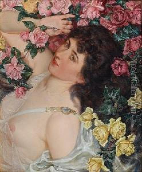 Among The Roses Oil Painting - Talbot Hughes