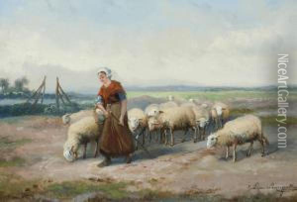 A Shepherdess With Her Flock Oil Painting - Jef Louis Van Leemputten