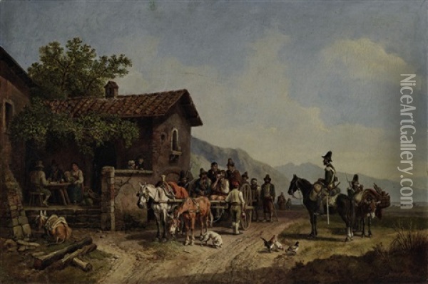 Raubertransport Vor Einer Osteria (um 1855/56) Oil Painting - Heinrich Buerkel