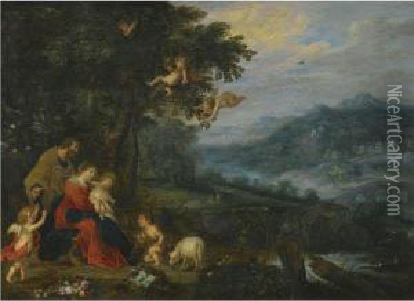 A Wooded River Landscape With The Holy Family And The Infant St.john The Baptist Oil Painting - Jan Brueghel the Younger