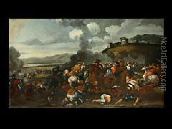 Reiterschlacht In Weiterlandschaft Mit Festung Auf Einem Hugel Oil Painting - Marzio Masturzio
