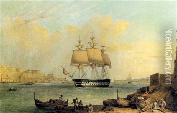 A Frigate Entering Valetta Harbour, Malta Oil Painting - Joseph Schranz