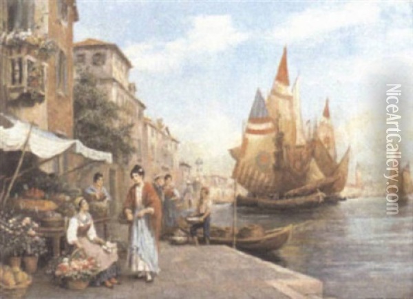 Venetian Flower Sellers Oil Painting - Arthur Trevor Haddon