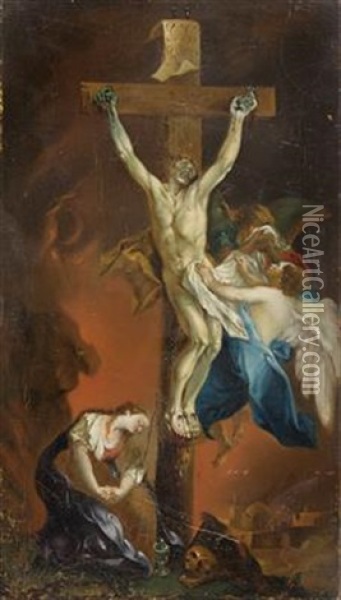 Der Lebende Christus Am Kreuz Mit Zwei Engeln Und Der Hl. Maria Magdalena Mit Blick Auf Jerusalem Oil Painting - Franz I Sigrist