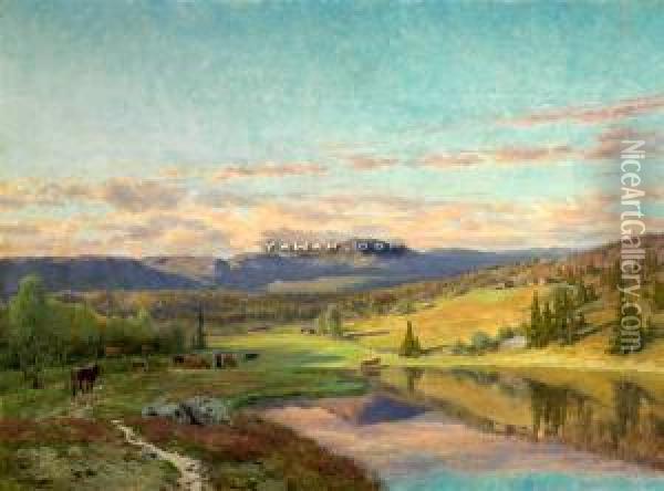 Landskap Med Gjeter Og Kuer 1914 Olje Pa Lerret Oil Painting - Christian Eriksen Skredsvig