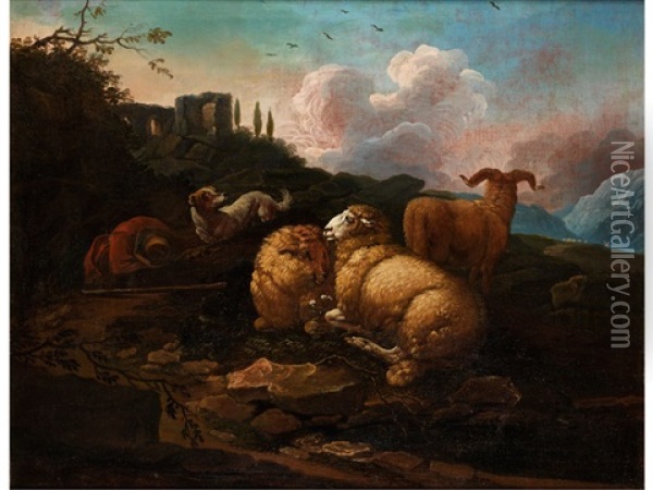 Sudliche Landschaft Mit Schafherde Und Schlafenden Hirten Oil Painting - Johann Melchior Roos