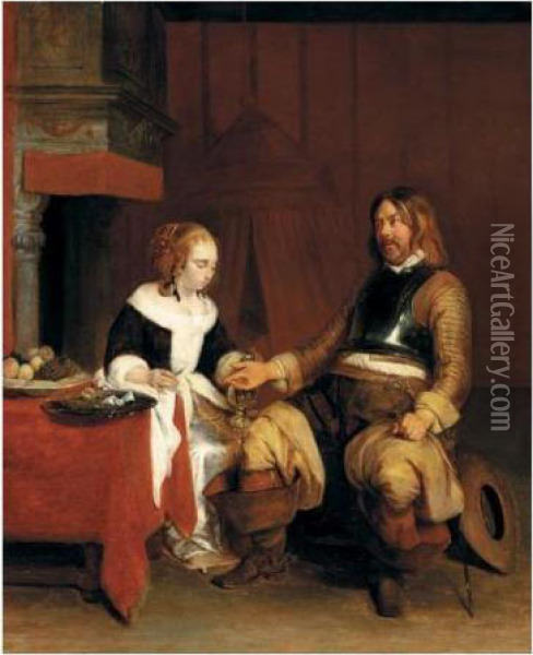 A Soldier Offering A Young Woman Coins Oil Painting - Gerard Terborch