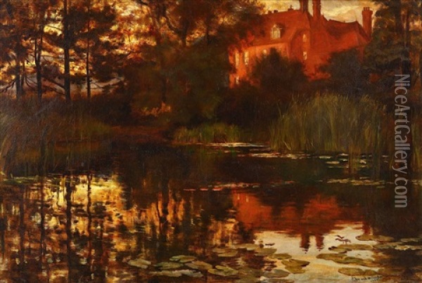 Country House On A Lake At Sunset Oil Painting - Edward R. Taylor