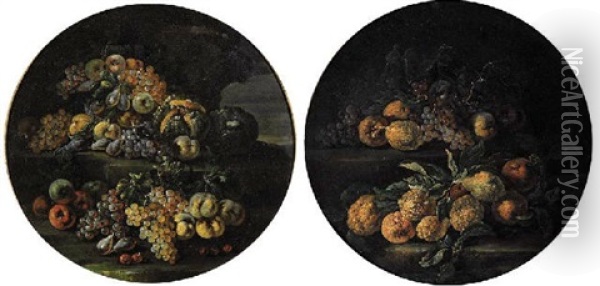 Grapes, Lemons, Oranges, Pears, Cherries, Peaches And Melons On A Stone Ledge In A Landscape Oil Painting - Abraham Brueghel
