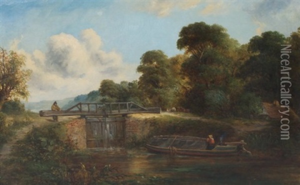 A Boat Along A Canal Oil Painting - Edmund John Niemann