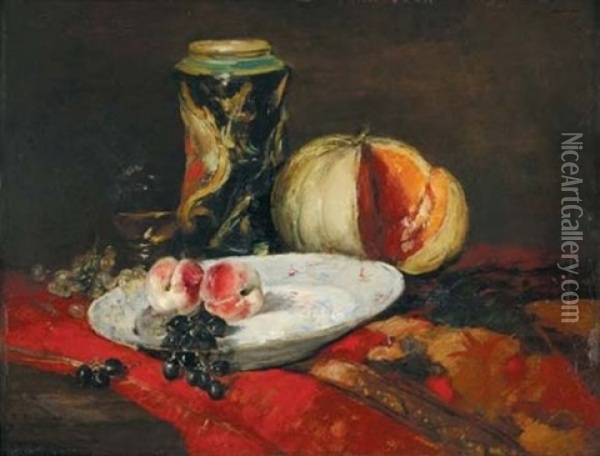 Melon, Vase Et Fruits Oil Painting - Raymond Allegre