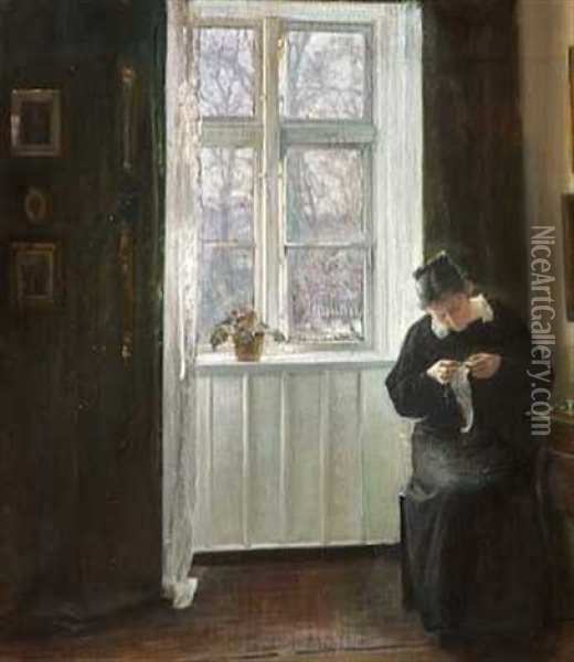 Interior Med Kunstnerens Hustru, Der Syr Ved Vinduet Oil Painting - Carl Vilhelm Holsoe