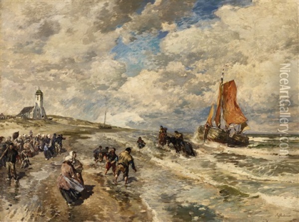 A Beach Scene Near Scheveningen Oil Painting - Gregor von Bochmann the Elder